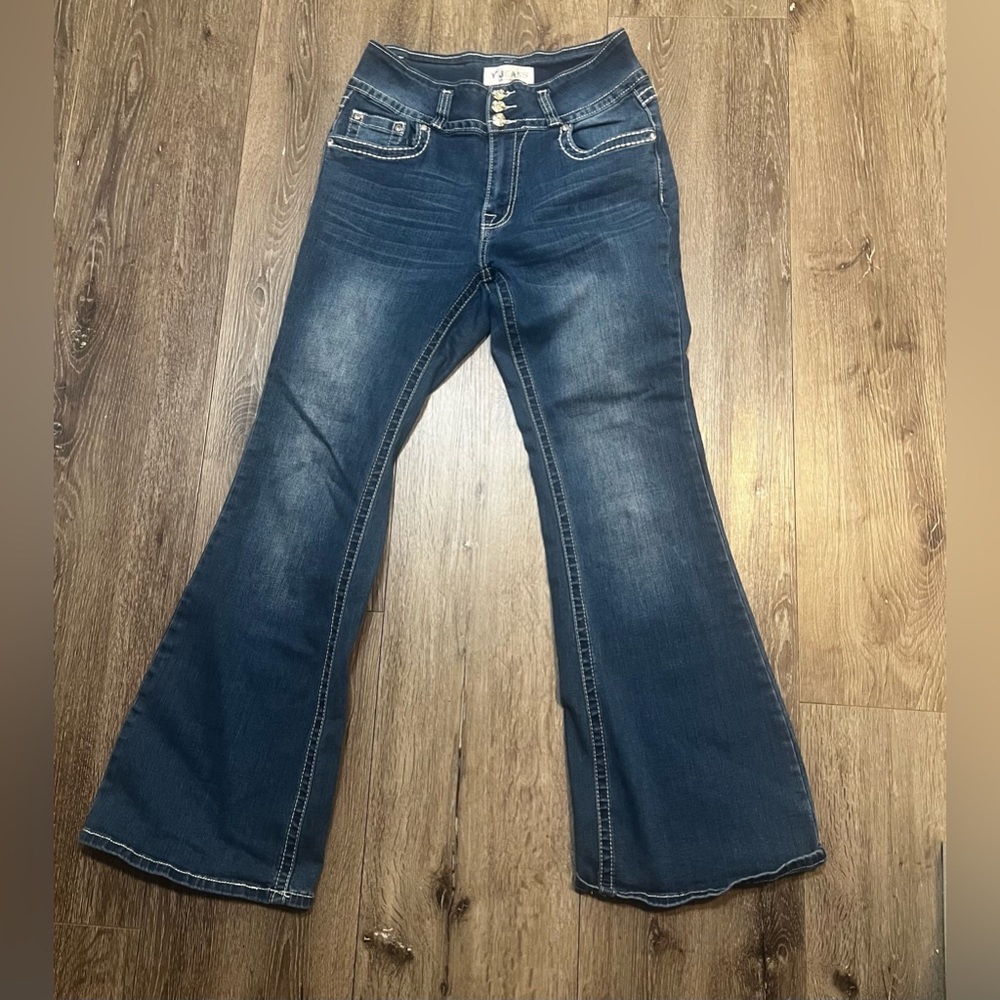 Women's Blue Flared Jeans- denim dark blue jeans with rhinestone cross pockets